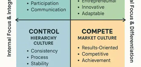 Diagram van vier CVF-cultuurtypen: samenwerken, vernieuwen, presteren en structureren.