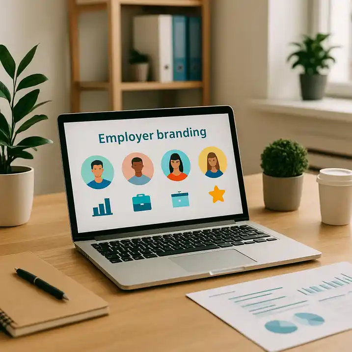 Team brainstormt over employer branding met post-its en laptop