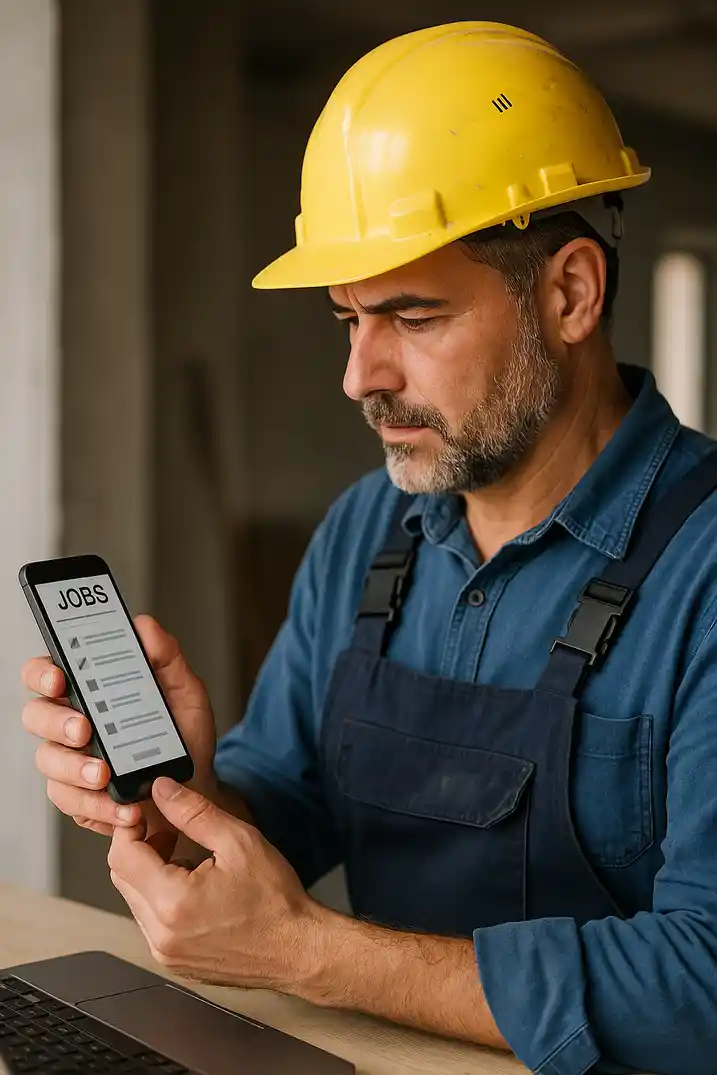 Personne recherchant des offres d’emploi sur les réseaux sociaux avec un smartphone et un ordinateur portable