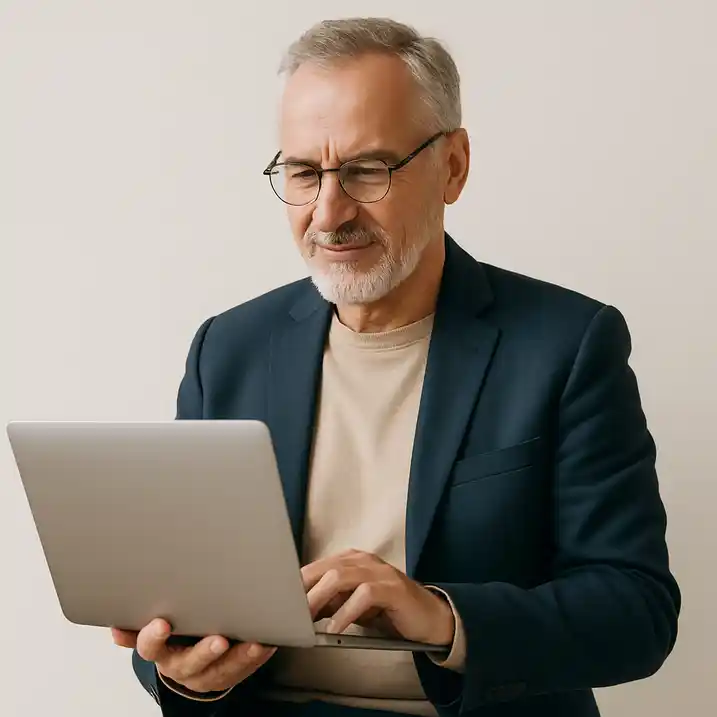 50-plus kandidaat bereidt sollicitatie voor op laptop