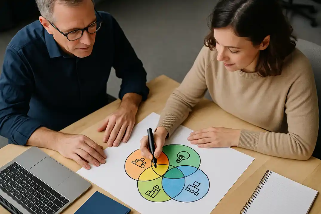 Twee collega’s bespreken een getekend schema van samenwerking en werkcultuur.